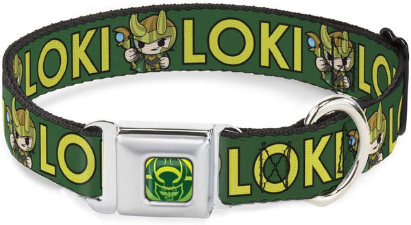 Buckle-Down Dog Collar, Seatbelt Buckle Kawaii Loki Standing Pose Text Green Yellow, 1.5" Wide, Fits 13-18" Neck, Small