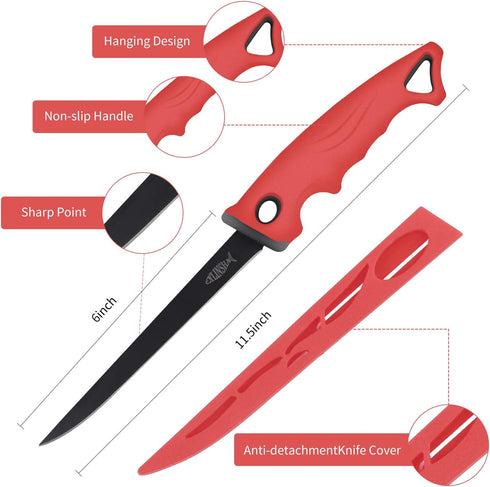 Fishing Tool Kit with 8 Pack Fillet Knife, Fishing Scissors, Pliers, Saltwater Fish Measuring Ruler, Anti-Lost Lanyard,
