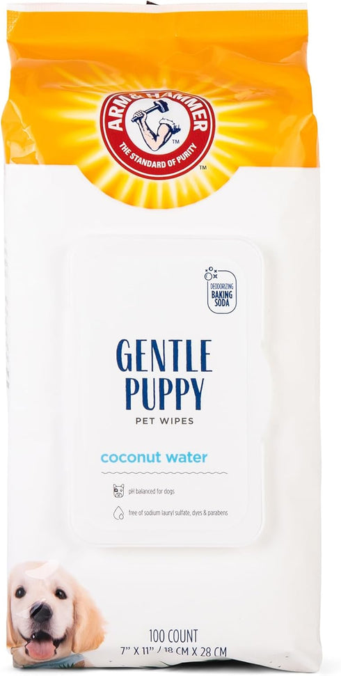 Arm & Hammer Gentle Puppy Bath Wipes, Coconut Water, 100 Count Pack of Pet Wipes