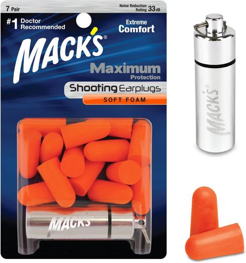 Mack's Maximum Protection Soft Foam Shooting Ear Plugs, 7 Pair Plus Travel Case, 33 dB Highest NRR