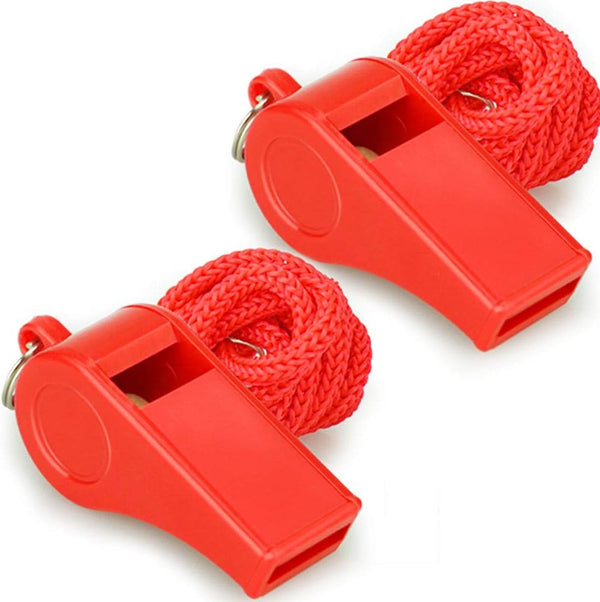 Red Emergency Whistles with Lanyard, Loud Crisp Sound, 2 Packs Plastic Whistles for Lifeguard