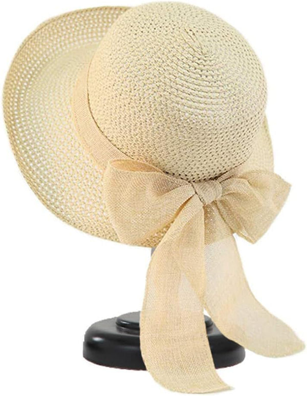 Women's Straw Sun Hat - Wide Brim Ribbons Roll Up Bucket UPF 50+ Foldable Floppy with Strap