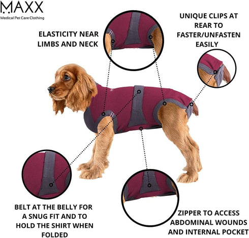 MAXX Dog Recovery Suit – Cozy Breathable Post-Surgery Suit for Wounds, E-Collar, Cone Alternative (Ruby Red Grey, S+)