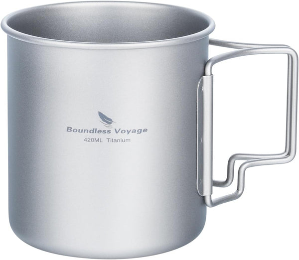 iBasingo 420ml Titanium Mug without Lid, Ultra-light Portable Outdoor Camping Pot, Hiking Drinkware with Foldable