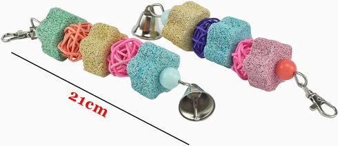 2 Pack Trimmer Chinchilla Parakeets Parrot Chewing Toy, Bird Beak Grinding Stone Lava Calcium Blocks, Hanging Bird Cage