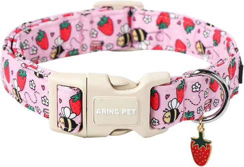 ARING PET Summer Dog Collar, Cute Pink Adjustable Strawberry Bees Print for Small Medium Large Dogs