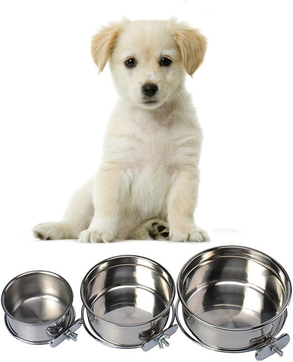 Pet Dog Stainless Steel Coop Cups with Clamp Holder - Hanging Bowl for Small Animal Ferret Rabbit (Medium)
