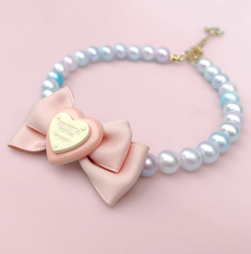 KUDES Adjustable Dog Necklace, Elegant Princess Style Pink Pearl Collar with Bow for Female Dogs, 2XL (18.8-21.6 Inches)