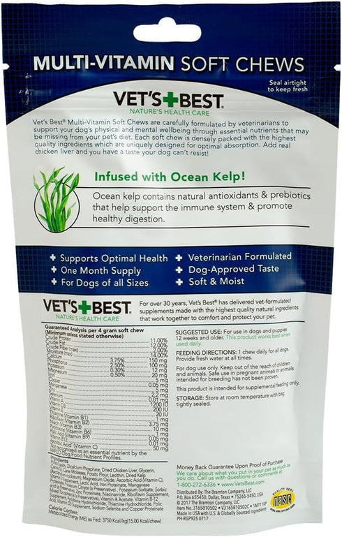 30 Vet's Best Multi-Vitamin Soft Chew Dog Supplements - Vitamins for Dogs - Supports Dogs Physical and Mental Health