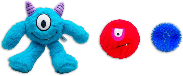 Flourish Pets 3 in 1 Dog Chew Toys for Aggressive Chewers, Non-Toxic, Long-lasting Plush Toys, Small, Blue Monster