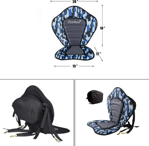 Universal Deluxe Kayak Seat Cushion with Storage Bag, 4 Adjustable Straps for Boat, SUP, Canoe, Rafting, Fishing