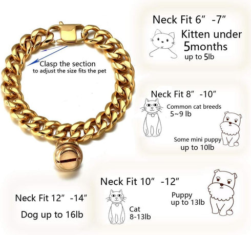 18K Gold Cat Dog Collar, 0.6inch 15mm Wide Stainless Steel Kitten Choker with Bell, Dog Neck 12"-14"
