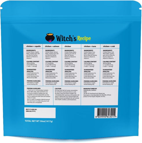 Witch's Recipe 100 0.5oz Lickable Cat Treats, Creamy Squeezable Puree, Grain-Free, Tubes, Chicken Tuna Salmon goatmilk