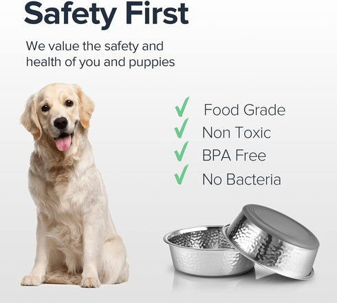 2 Pack Hammered Stainless Steel Dog Bowls, Premium Metal Dog Bowls with Non Slip Rubber Bottom, Dishwasher Safe, Easy to Clean, 8 Cup, Gray Bottom