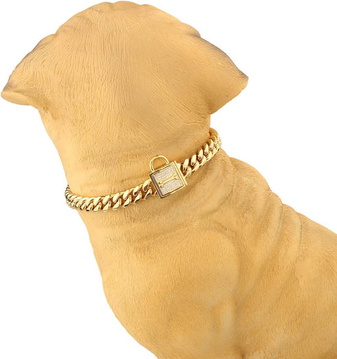 Dog Chain Collar, 12MM Heavy Duty Cuban Chain Collar, 316L Stainless Steel Dog Training Collar, Gold