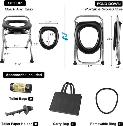 16.5"H 350LB Portable Toilet for Camping, Capacity Stainless Steel Folding Toilet with Soft Seat & Bags, Collapsible