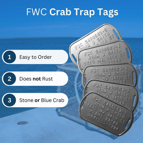 Personalized FWC Crab Trap Tags - Five Serialized Rust Proof ID Tags