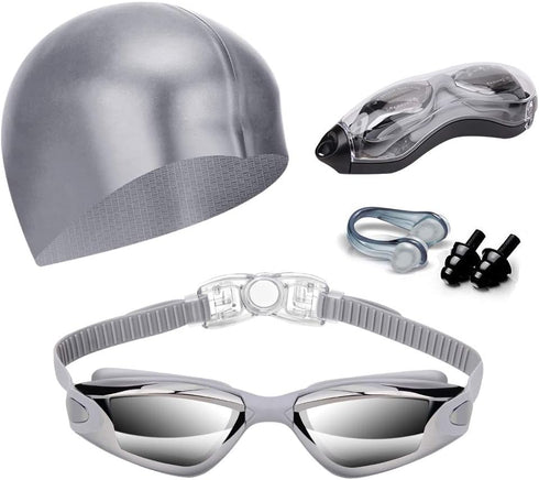 Swim Goggles - No Leaking Swimming Goggles with Nose Clip, Earplugs, Swim Cap and Case