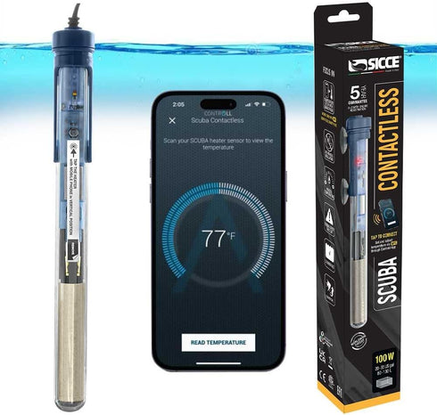 Sicce Scuba 100 Watt Aquarium Fish Tank Heater - Smartphone Controlled via NFC, Adjustable for Marine and Freshwater