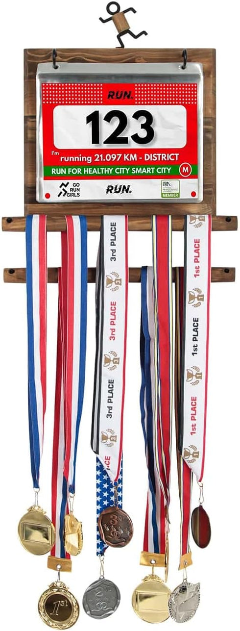 25 MK503A J JACKCUBE DESIGN Wood Marathon Medal and Race Bibs Display Hanger Holder Include Race Bibs Flip Pouches