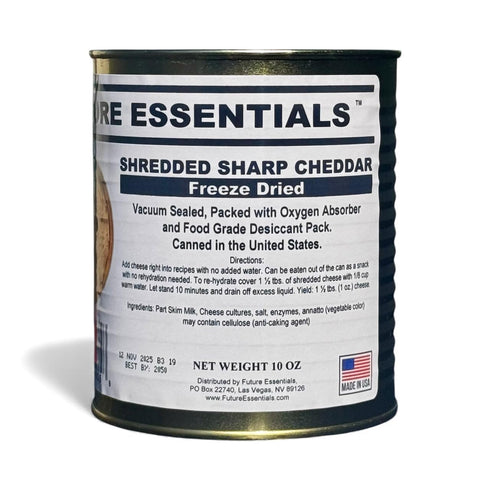 10 Oz (25-Year Pack 1 Future Essentials Freeze Dried Shredded Sharp Cheddar Cheese Per Can Shelf-Stable, Long-Term