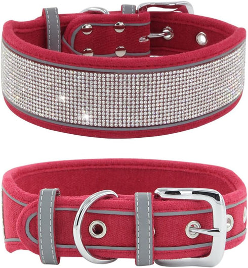 Bling Diamond Dog Collar for females girls,Soft Velvet Leather with Fancy Sparkly Crystal Rhinestones,Reflective Stripe,Suit Medium Large Dogs puppies (Red, L)