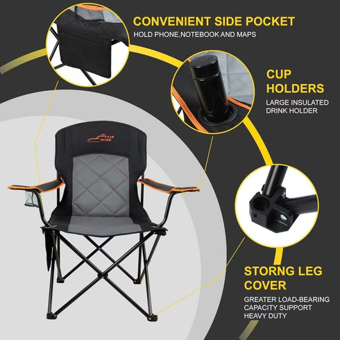 350 LBS FAIR WIND Oversized Fully Padded Camping Chair, Heavy Duty Quad Fold Chair Arm Chair Support with Cup Holder