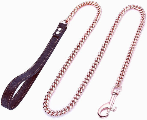 Rose Gold Dog Chain Leash, 10MM/14MM Curb Cuban Link, Strong Chew Proof Stainless Steel, 3FT/4FT/5FT (10mm, 5ft)
