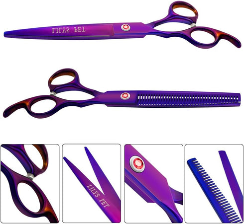 LILYS PET Professional Dog Grooming Coated Titanium Scissors Set - Cutting, Curved & Thinning Shears (8.0 inches,