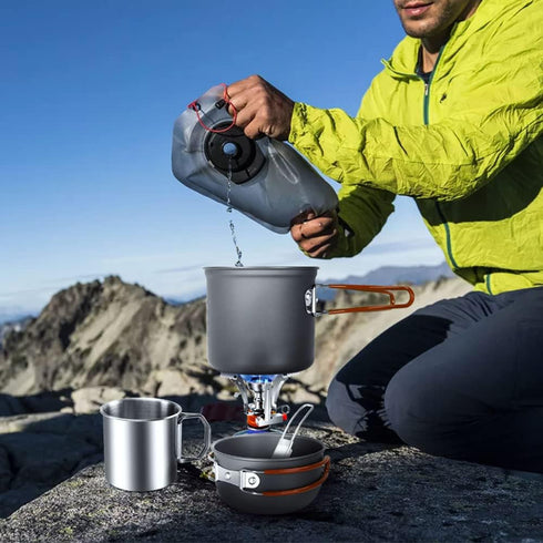 Odoland 8pcs Camping Cookware Mess Kit, Pot and Pan Set with Mini Backpacking Stove for Outdoor Cooking