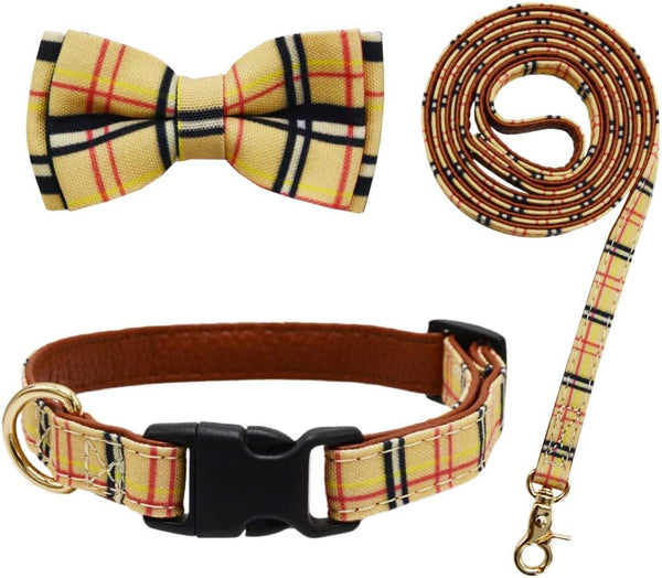Bowtie Dog Collar and Leash Set, Classic Plaid Adjustable Collar with Removable Bow Tie for Small Medium Large Dogs