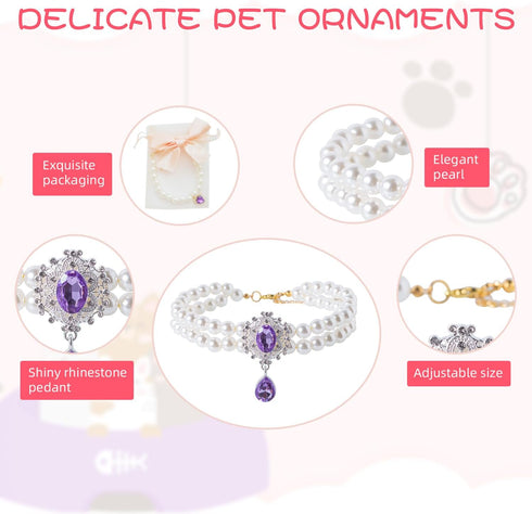 2 Row Pearls Collar for Cats, Rhinestone Necklaces for Small Dogs, Pearl Collar Accessories (Medium, Rosy)