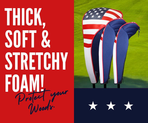 USA Patriot Golf Zipper Head Covers for Driver, 1, 3, 5 Fairway Woods, Neoprene Style, Fits All Clubs