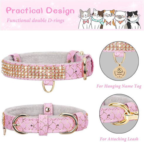 PetsHome Premium PU Leather Cat Collar, Dog Collar with Bling Rhinestones, Adjustable for Extra Small Pink Cat and
