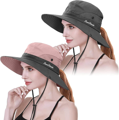 IYEBRAO 2 Pack Women's Ponytail Sun Hat, UV Protection Foldable Wide Brim Beach Cap