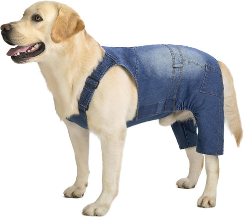 Classic Dog Jeans Overall for Medium Large Dogs, Pet Denim Jumpsuit Onesies Clothes Costumes, Blue Vintage Washed
