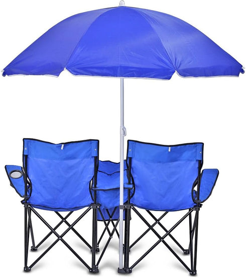 2 Flexzion Double Folding Beach Chair with Umbrella Table Cooler and Bag, Portable Compact Folding Chair, Person