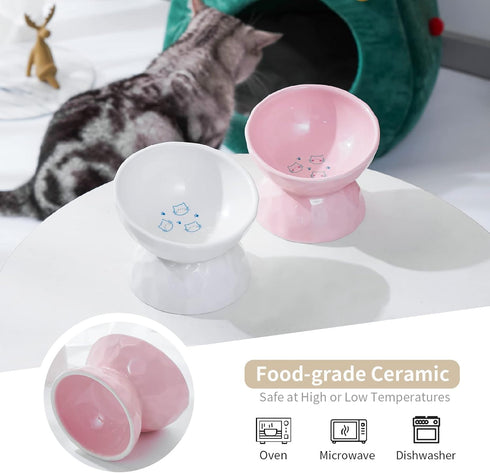 OMAYKEY Ceramic Raised Cat Bowls, Tilted Elevated Food and Water Bowls for Cats and Small Dogs, White & Pink, Set of 2