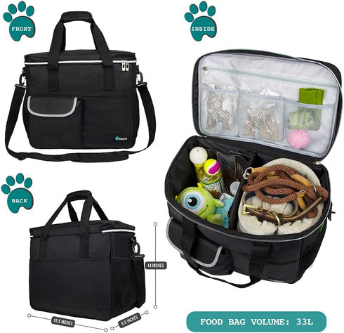 PetAmi Dog Travel Bag - Organizer with Food Container, Bowls & Accessories for Weekend Camping, Cat Diaper Bag (Black