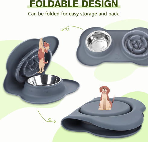 Pecute Slow Feeder Dog Bowls, Non-Spill Silicone Mat, Food-Grade Safe Bowls, Stainless Steel Water Bowl