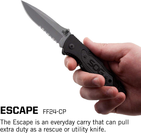 SOG Escape Tactical Folding Pocket Knife - 3.4 Inch Serrated Edge Blade with Glass Breaker, Black