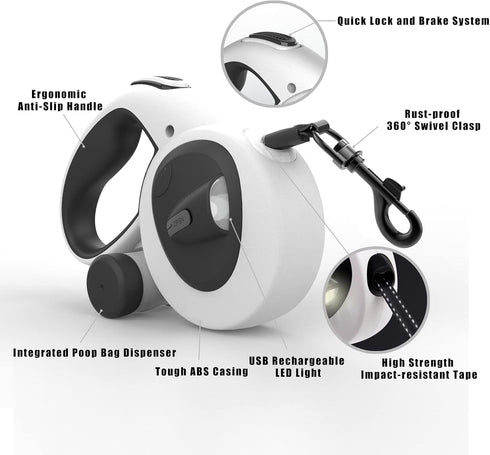 Upgrade 4-in-1 Retractable Dog Leash with LED Light & Dispenser & Poop Bags, 16ft Heavy Duty for Dogs up to 66lbs