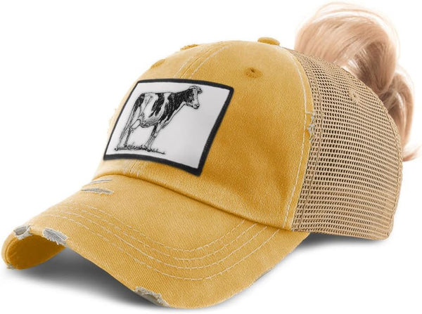 Womens High Ponytail Cap Cow Vintage Look Animals Farm & Domesticated Animals