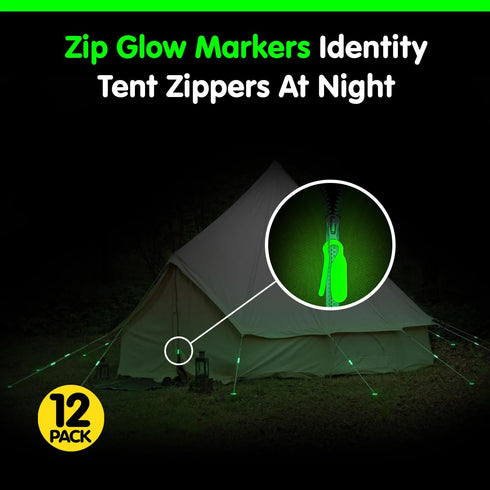 Pack 12 Zips/4 Round/4 GLO-X Campers Essential Glow - Powerful Glow in The Dark Camping Accessories for Tent Campers