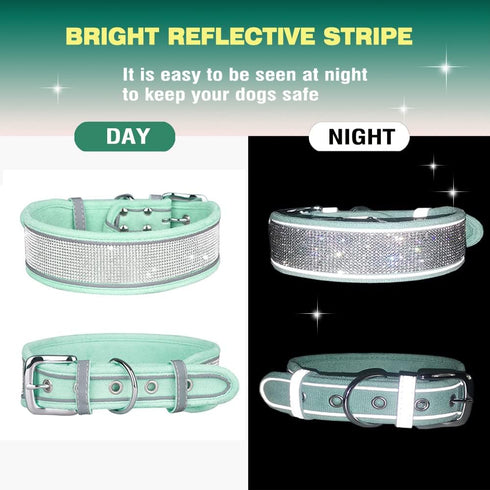 Bling Rhinestone Dog Collar, Soft Comfortable Adjustable Pet Collar with Bright Reflective Stripe for Small Medium