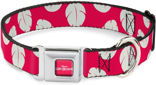 Buckle-Down Dog Collar, Seatbelt Buckle Lilo Stitch Bounding Dress Leaves Red Ivory, 16 to 23 Inches, 1.5 Inch Wide
