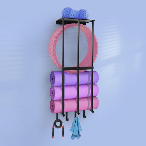 Yoga Mat Holder Wall Mount, Home Gym Accessories Organizer with 4 Hooks for Hanging Foam Roller and Bands