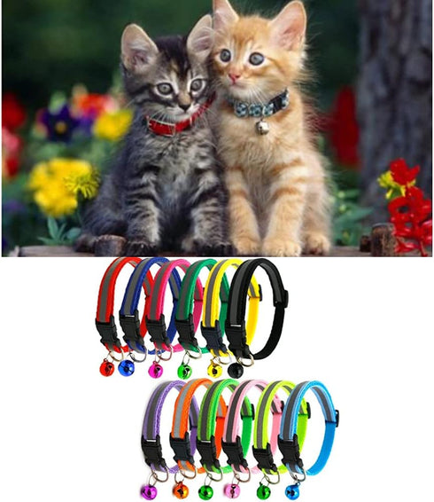 Cat Collar with Bell, 12pcs Mixed Colors Reflective Collars, Soft Nylon for Cat or Small Dogs, Neck 7.8" - 13"