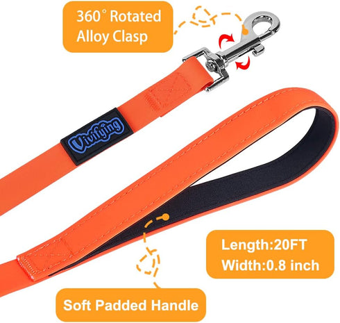 Vivifying Waterproof Long Dog Leash - 20ft Orange Durable PVC for Recall Training, Hiking, Swimming, Beach
