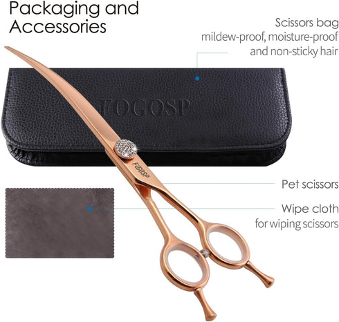 Rose Gold Titanium Curved Dog Grooming Scissors 7'' - Downward 30°, Professional Pet Trimming Shears